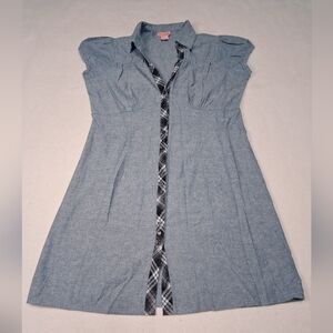 Vintage Chambray Shescool Mini Shirt Dress with Contrast Plaid Trim - Blue
